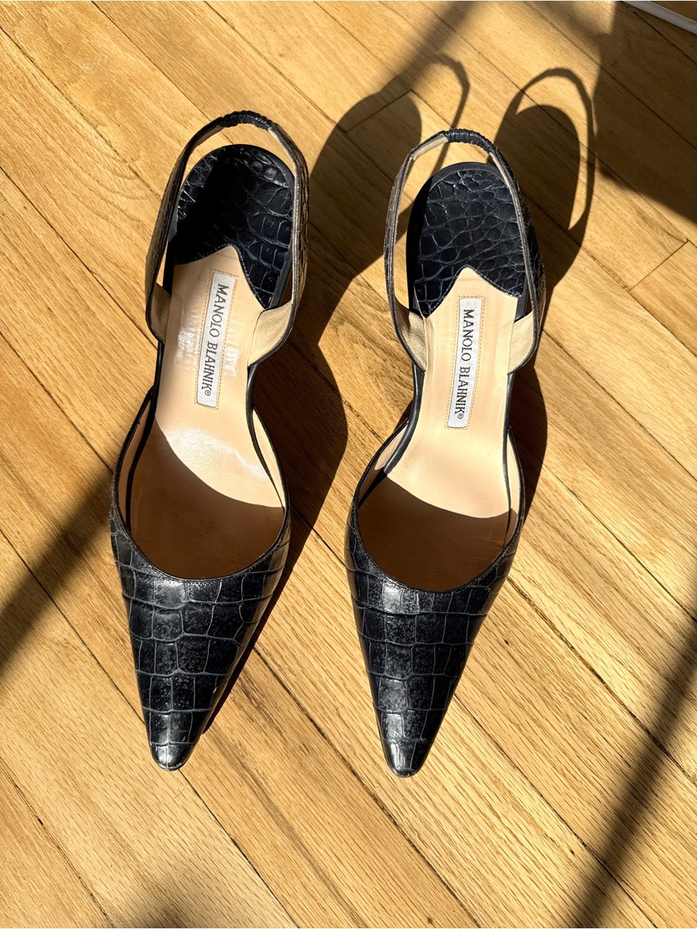 Manolo Blahnik Black Croc-Embossed Pointed Slingback Mules